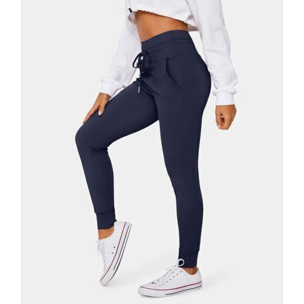 Halara Stylish Navy Blue Joggers Drawstring Waist Slim Fit Athleisure Pants L